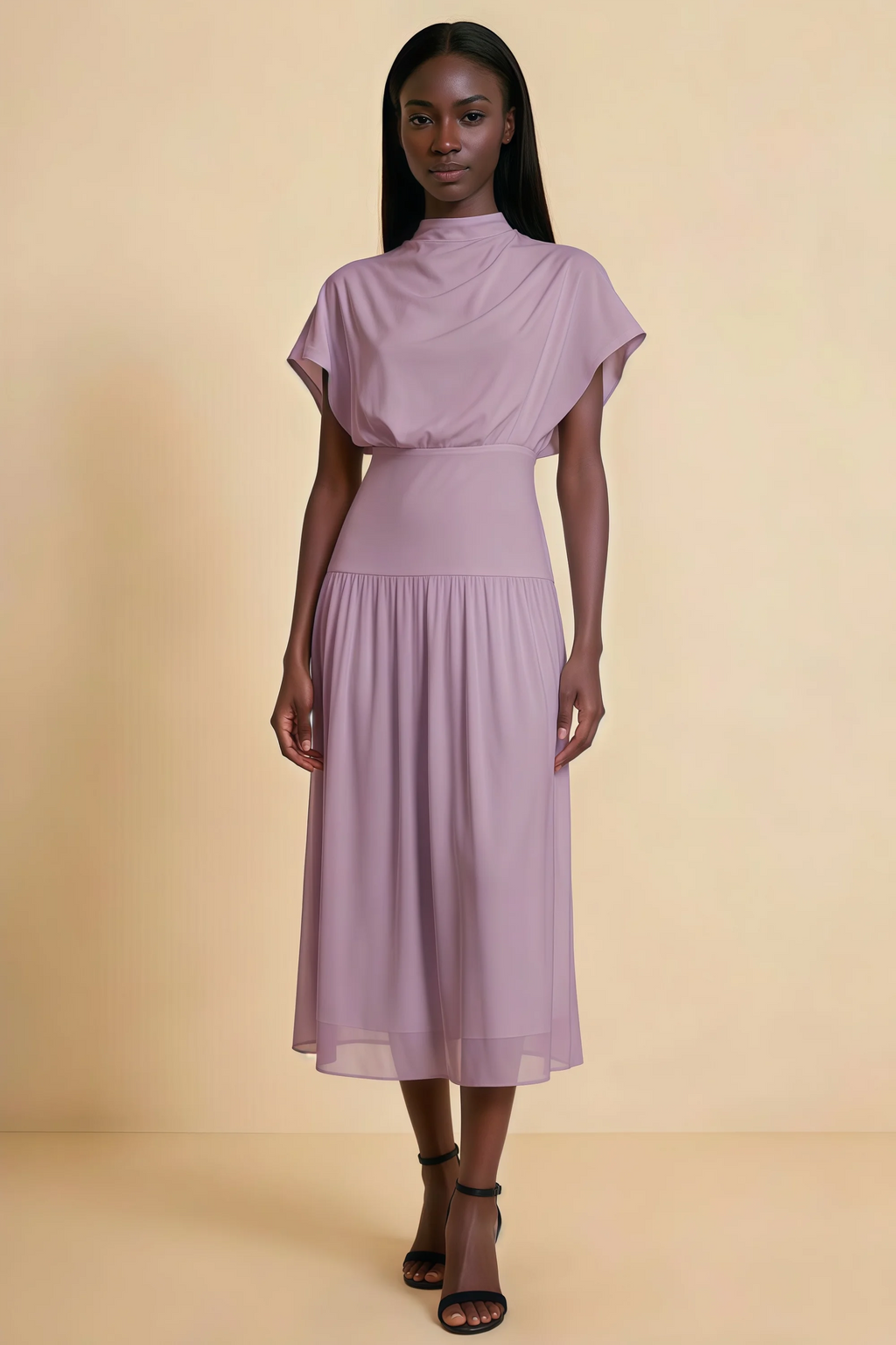 Alva Wisteria High Neck Gathered Skirt Midi Dress