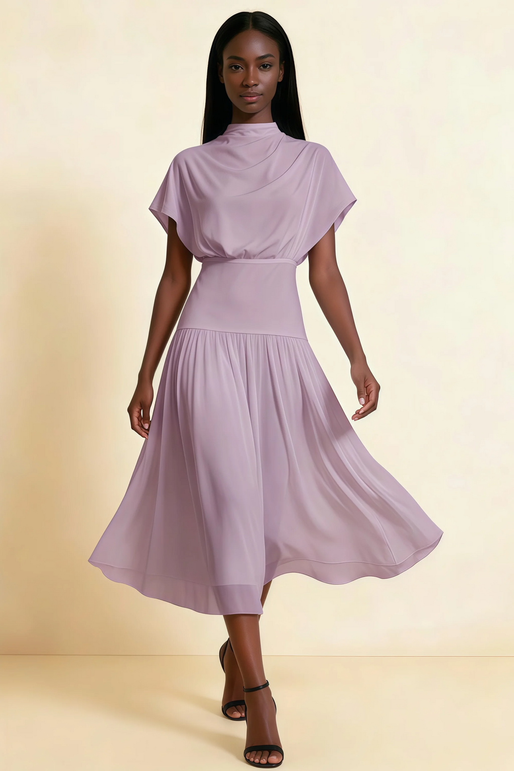 Alva Wisteria High Neck Gathered Skirt Midi Dress