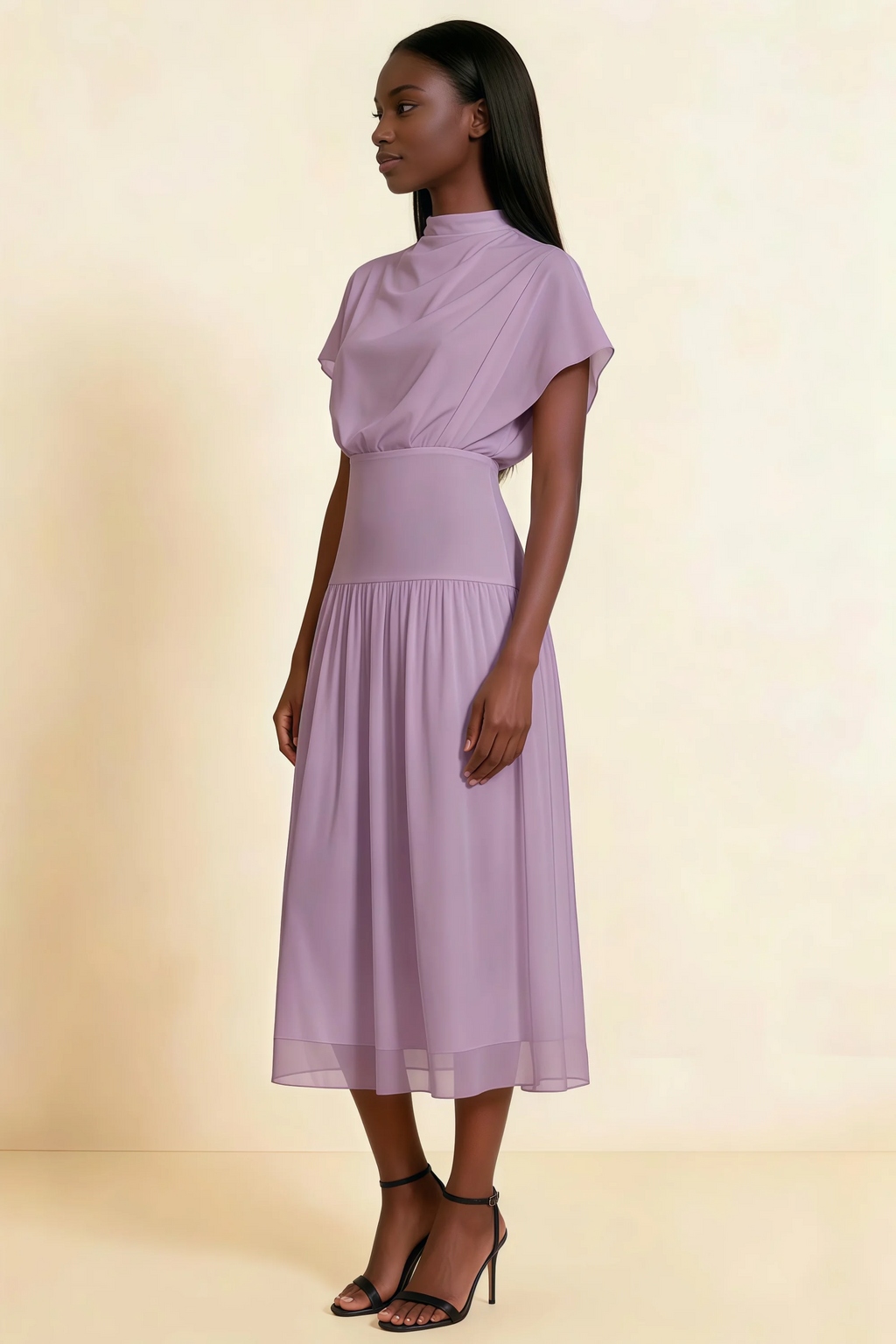 Alva Wisteria High Neck Gathered Skirt Midi Dress