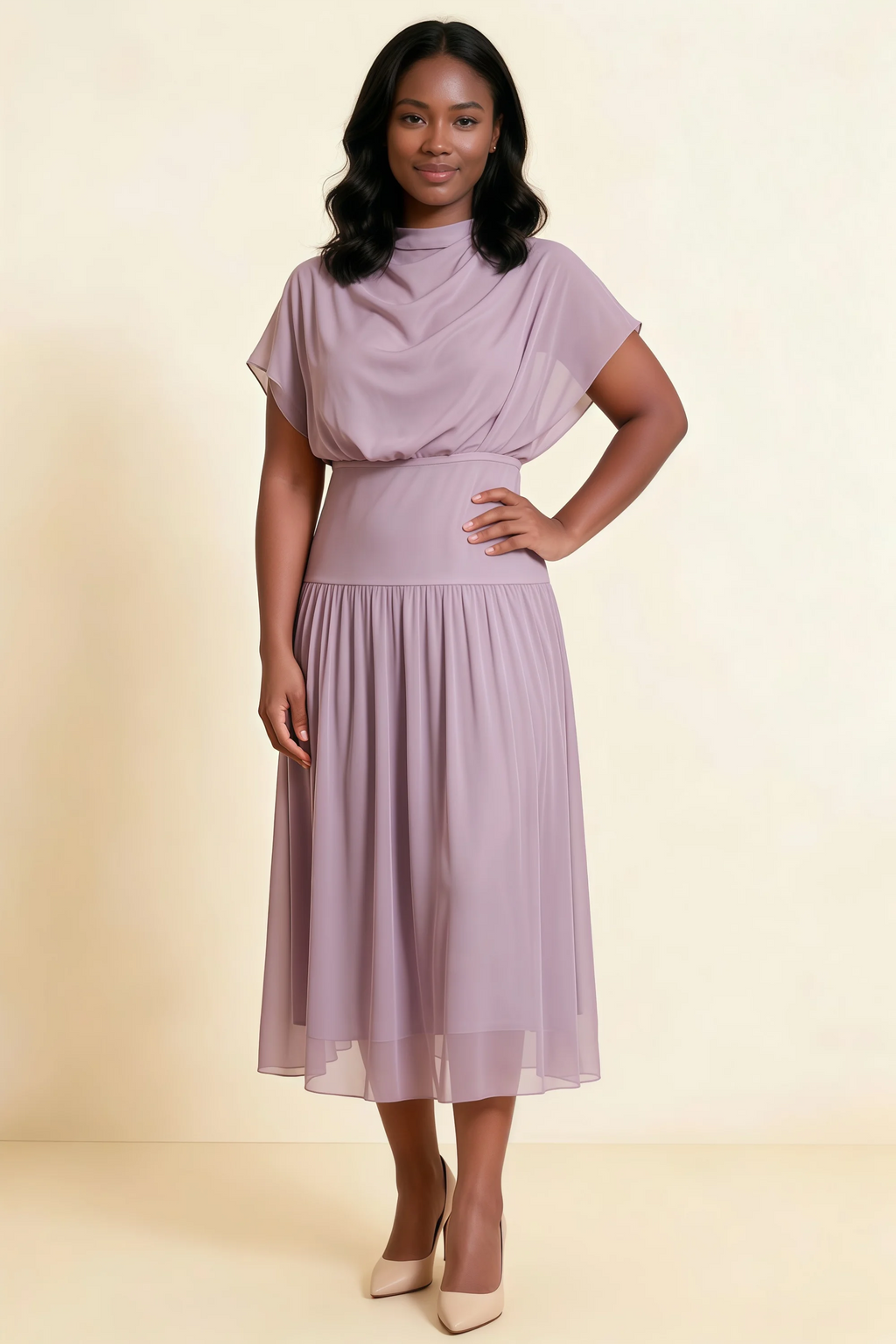Alva Wisteria High Neck Gathered Skirt Midi Dress