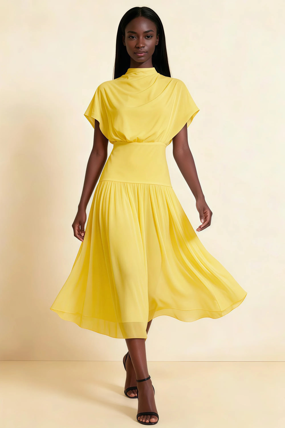 Translation missing: en.Front view of the LVLVS Alva yellow midi dress, showing the high draped neckline, short sleeves and wide fitted waist panel. content.product_image_main