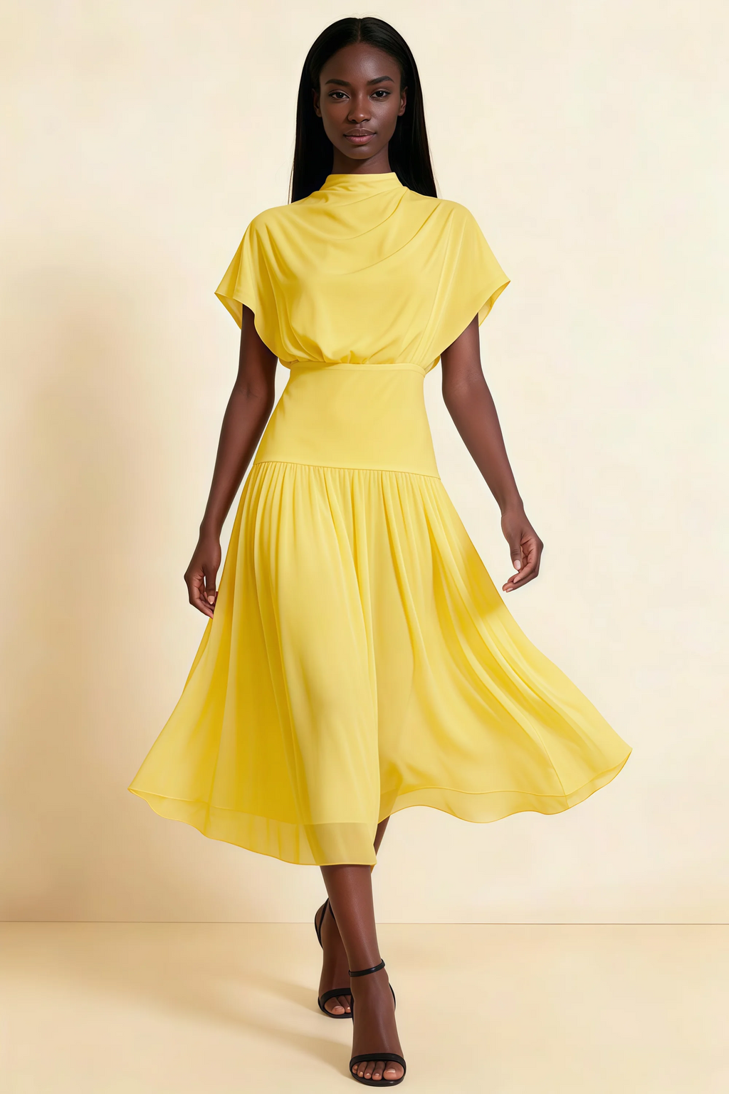 Alva Yellow High Neck Gathered Skirt Midi Dress