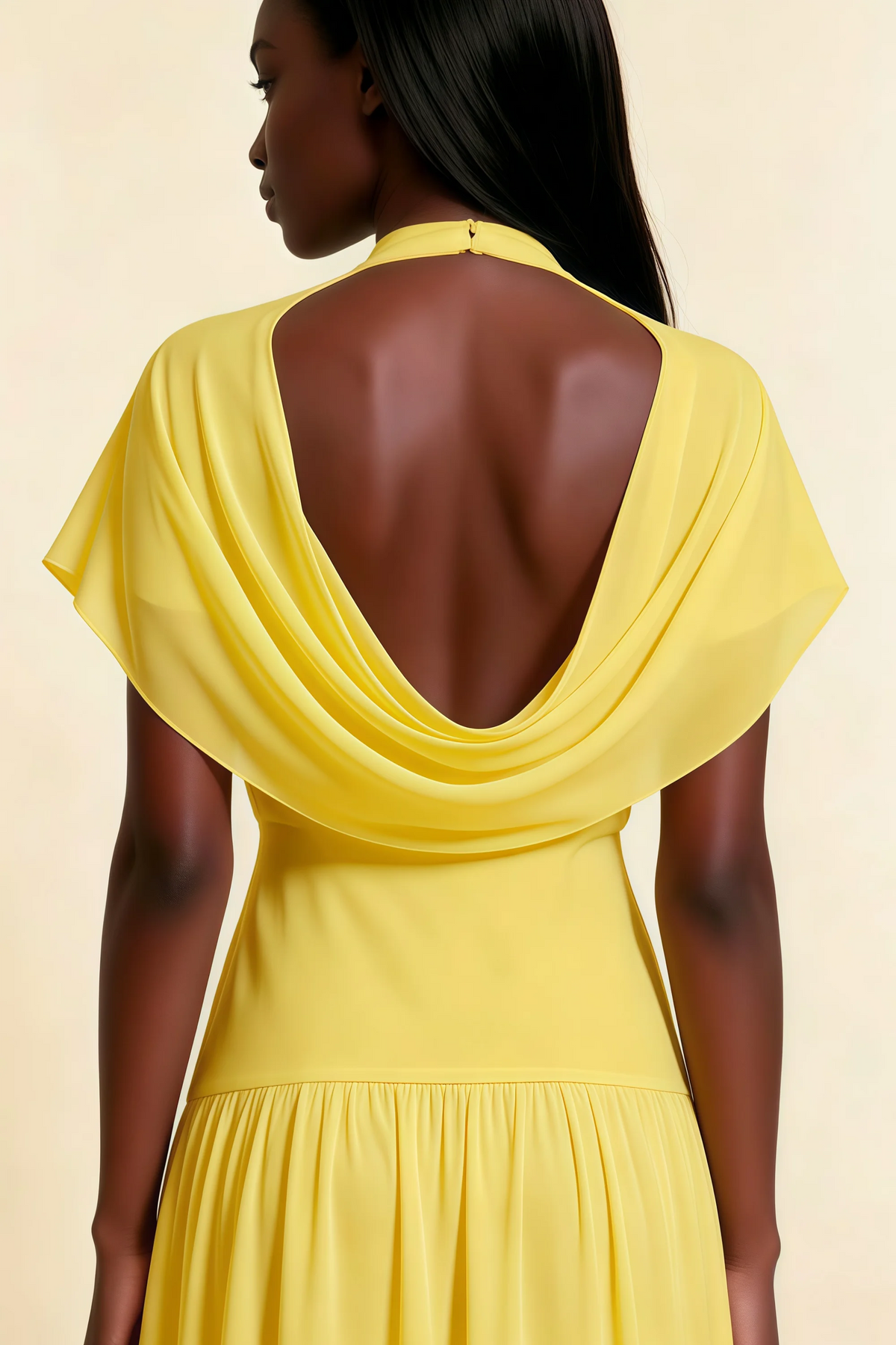Alva Yellow High Neck Gathered Skirt Midi Dress