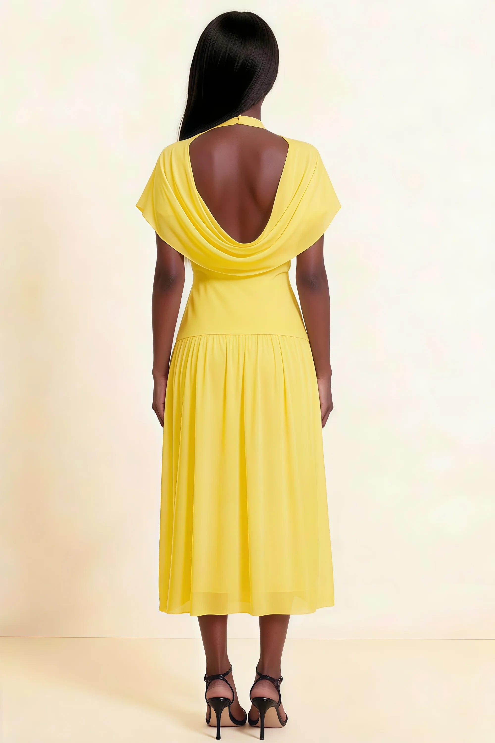 Alva Yellow High Neck Gathered Skirt Midi Dress Secondary image
