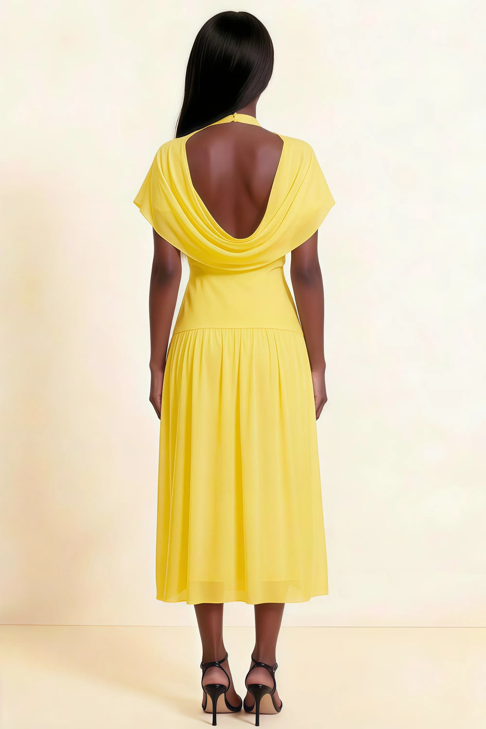 Translation missing: en.Back view of the LVLVS Alva yellow midi dress, showing the low draped cowl back, fitted waist and gathered midi skirt. content.product_image_secondary