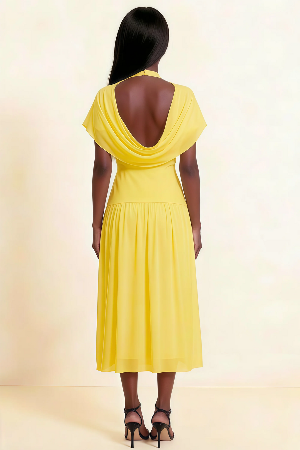 Alva Yellow High Neck Gathered Skirt Midi Dress