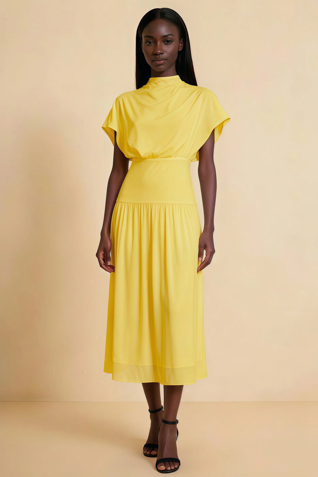Alva Yellow High Neck Gathered Skirt Midi Dress
