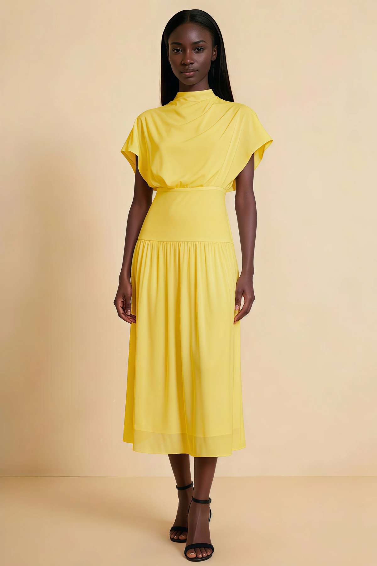 Alva Yellow High Neck Gathered Skirt Midi Dress