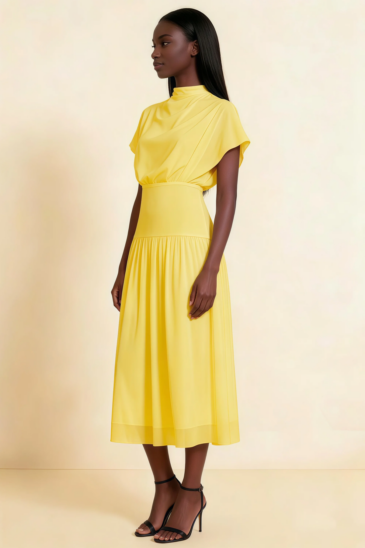 Alva Yellow High Neck Gathered Skirt Midi Dress