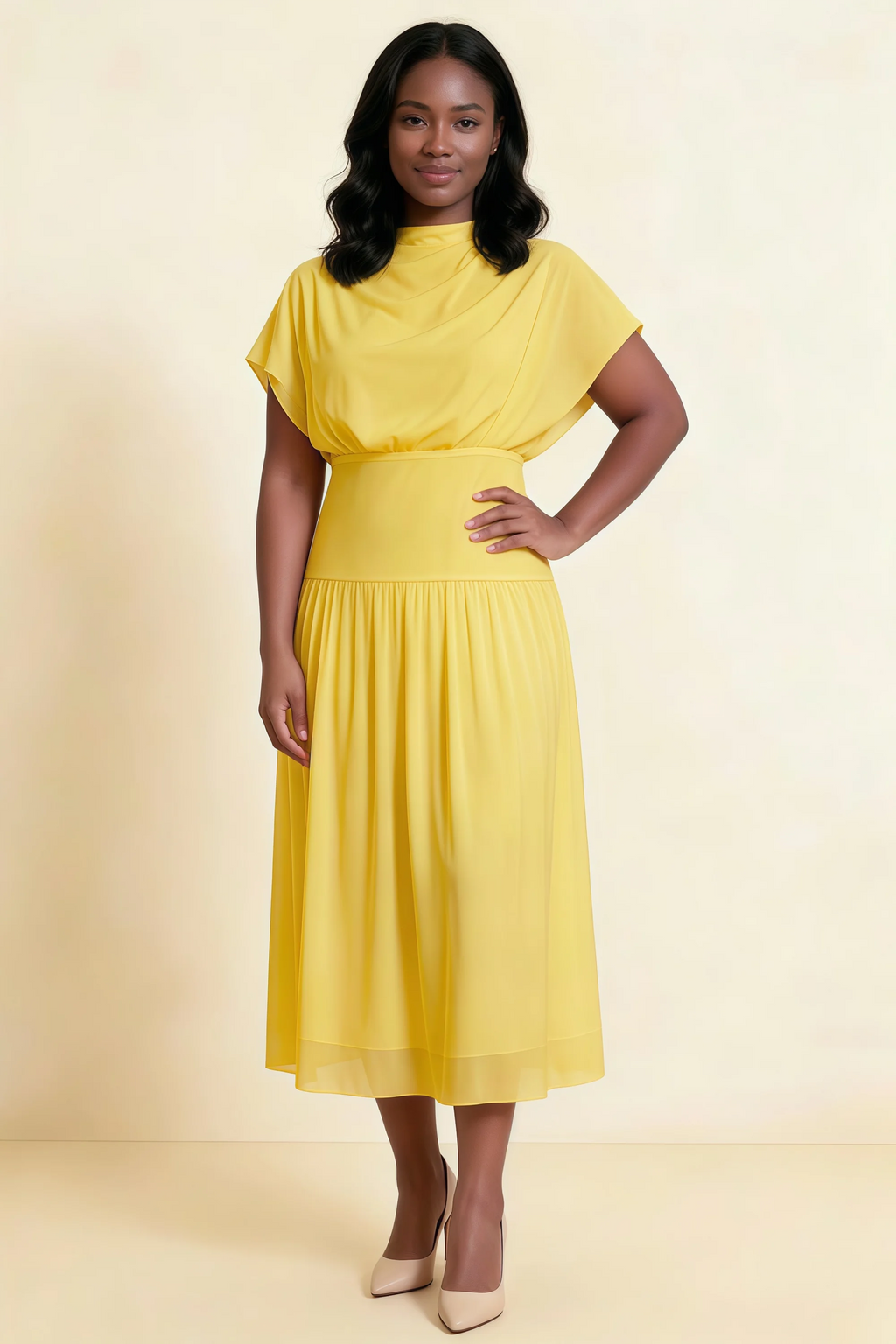 Alva Yellow High Neck Gathered Skirt Midi Dress