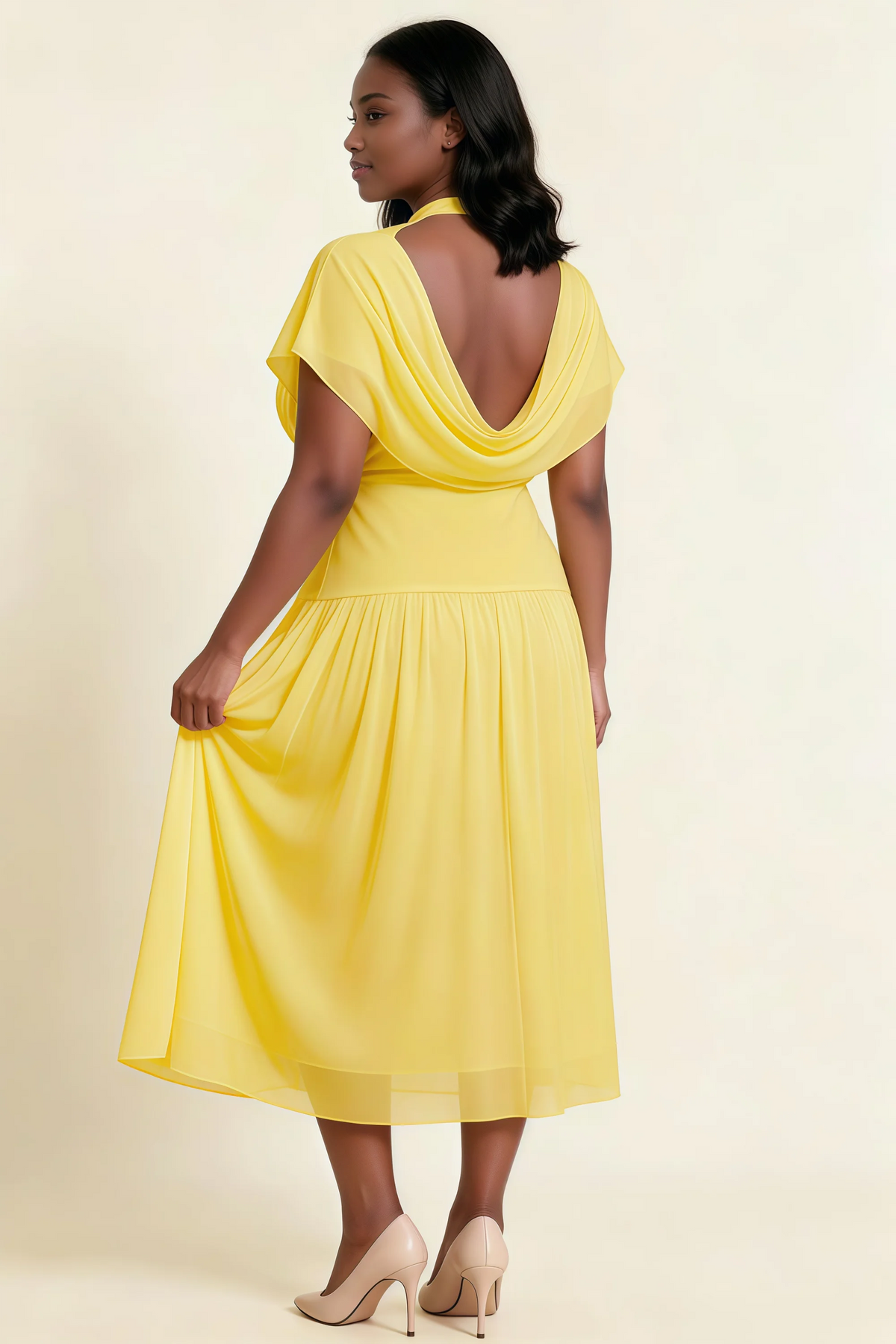 Alva Yellow High Neck Gathered Skirt Midi Dress