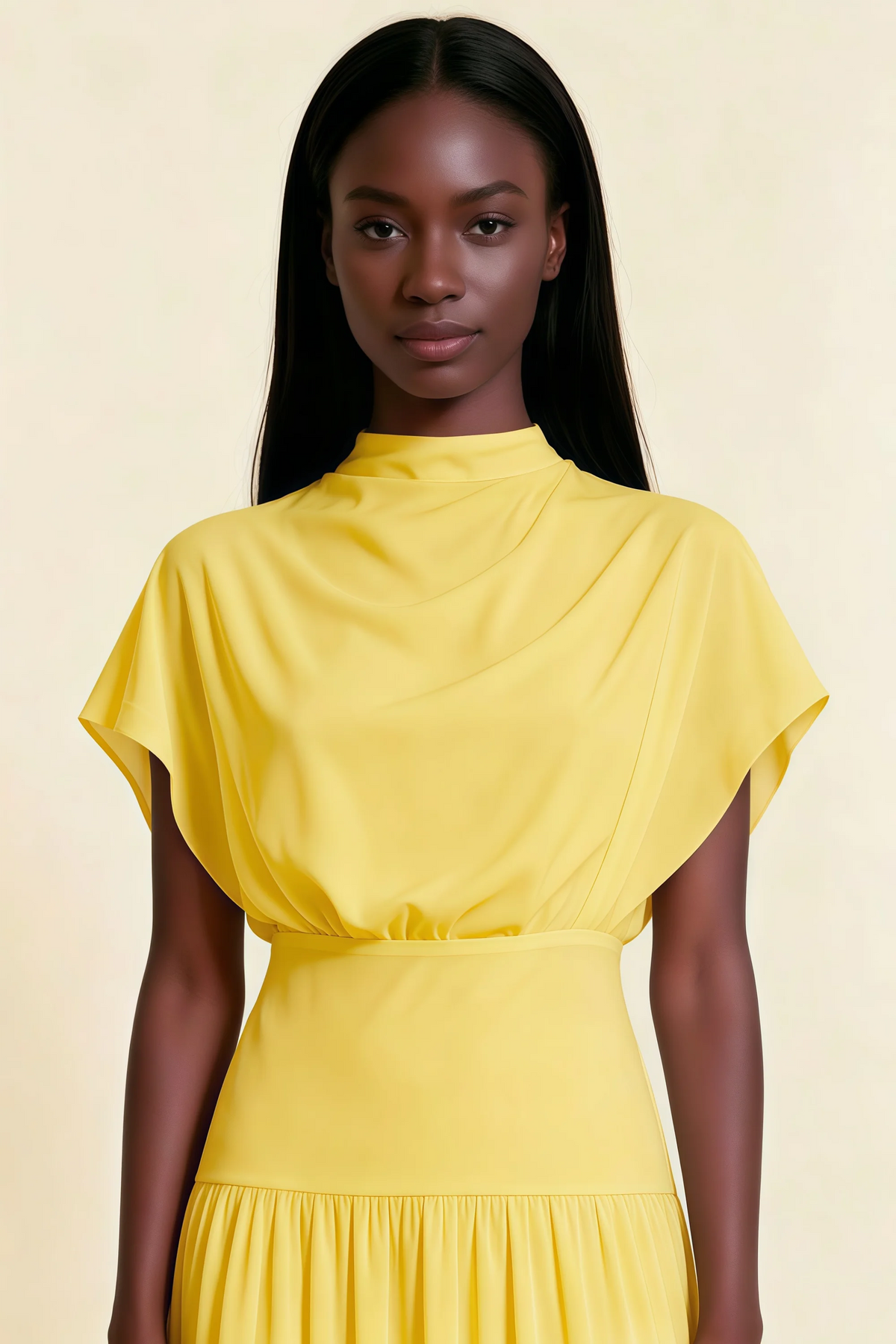 Alva Yellow High Neck Gathered Skirt Midi Dress