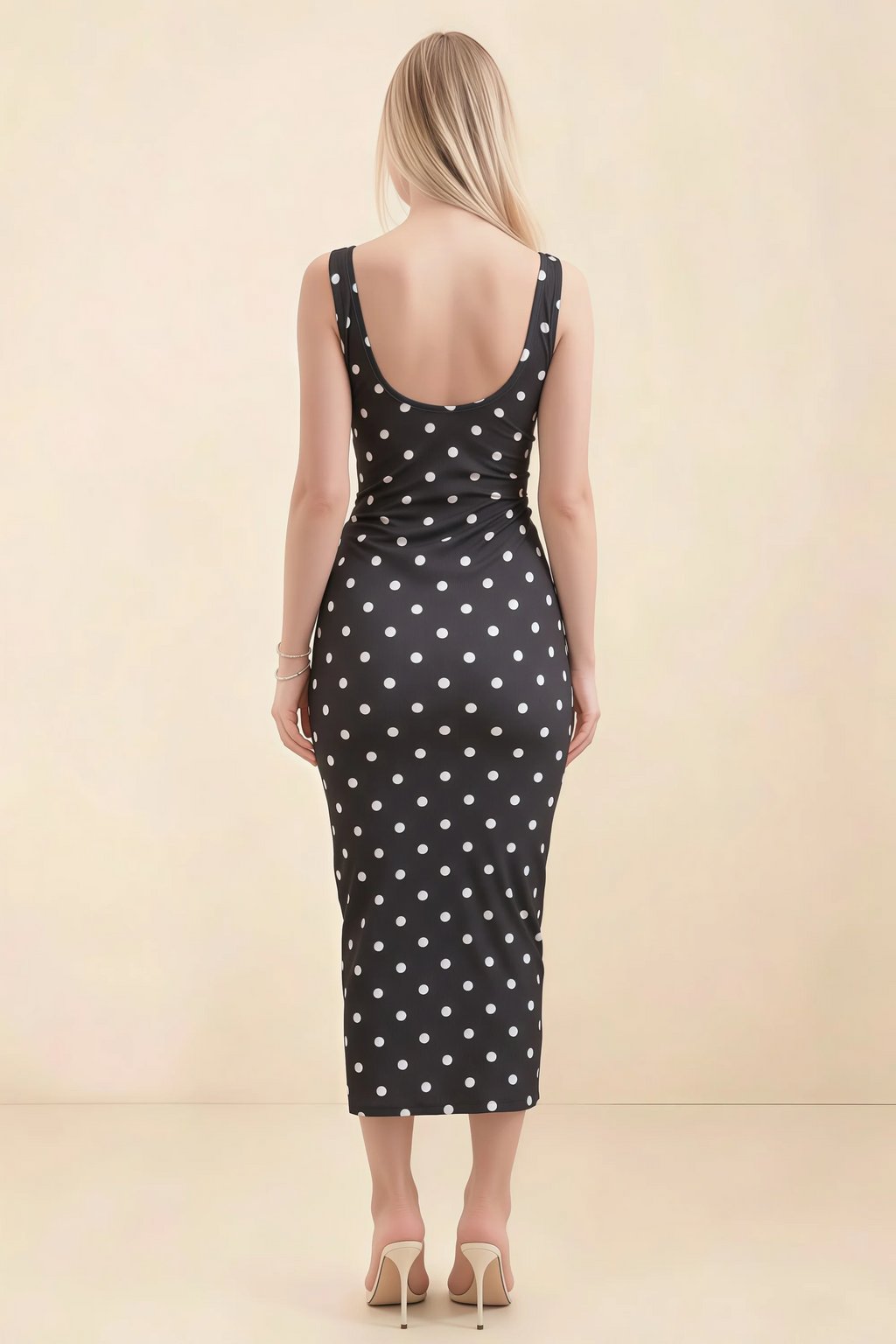 Alvina Black Polka Dot Scoop Neck Bodycon Midi Dress