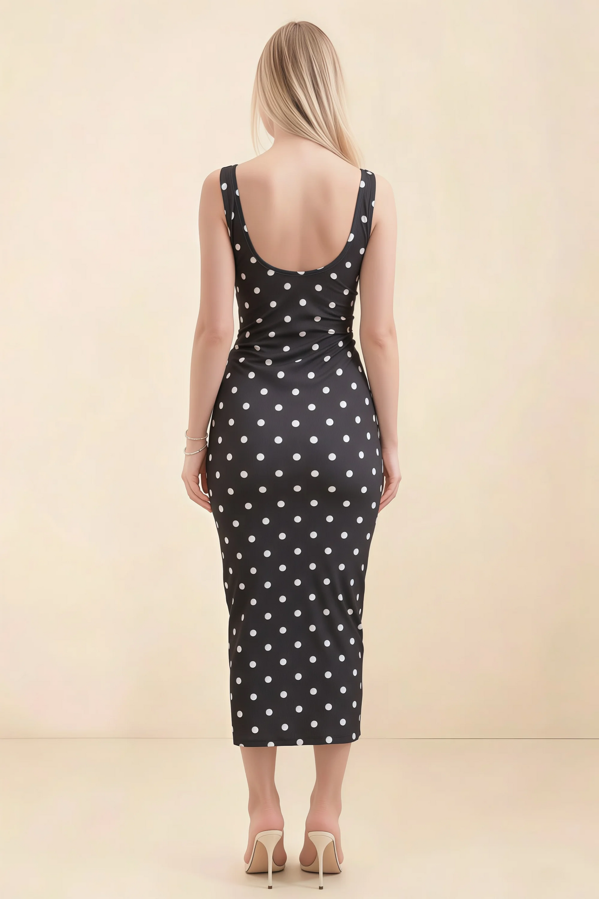 Alvina Black Polka Dot Scoop Neck Bodycon Midi Dress
