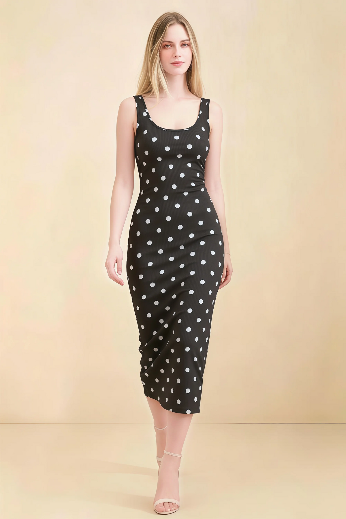 Alvina Black Polka Dot Scoop Neck Bodycon Midi Dress