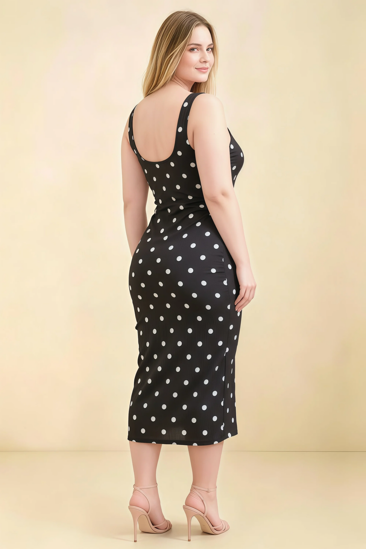 Alvina Black Polka Dot Scoop Neck Bodycon Midi Dress