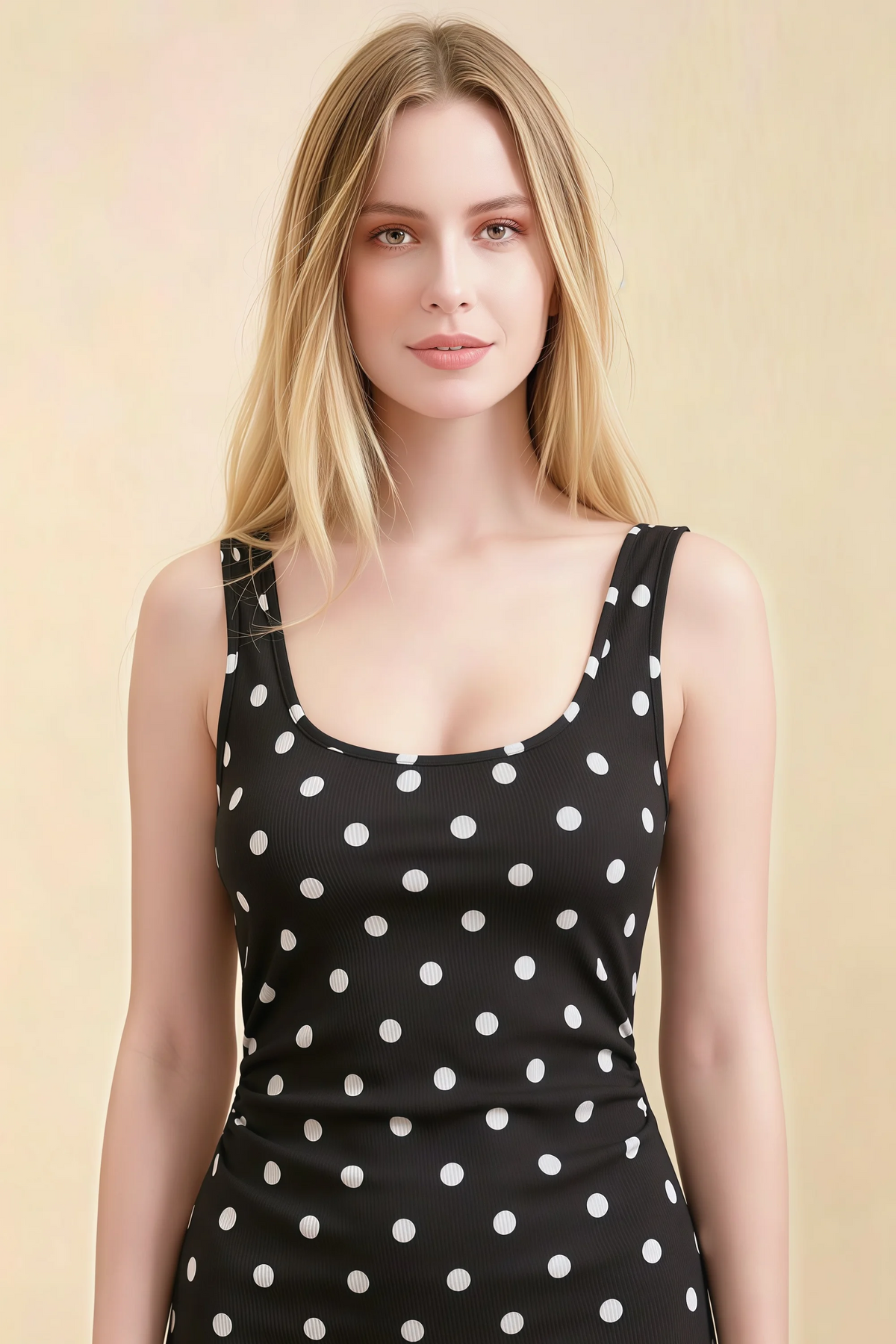 Alvina Black Polka Dot Scoop Neck Bodycon Midi Dress