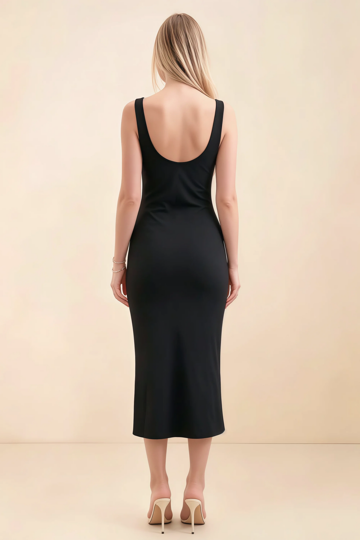 Alvina Black Scoop Neck Bodycon Midi Dress