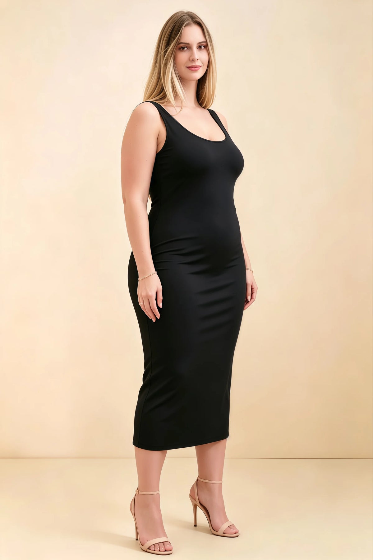 Alvina Black Scoop Neck Bodycon Midi Dress