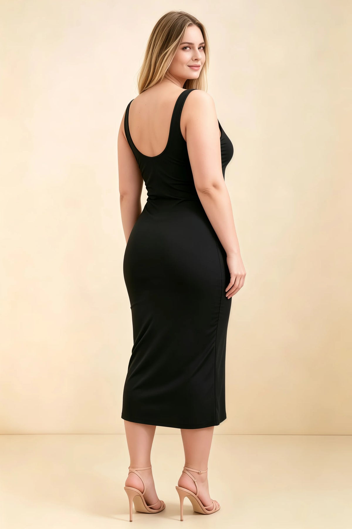 Alvina Black Scoop Neck Bodycon Midi Dress