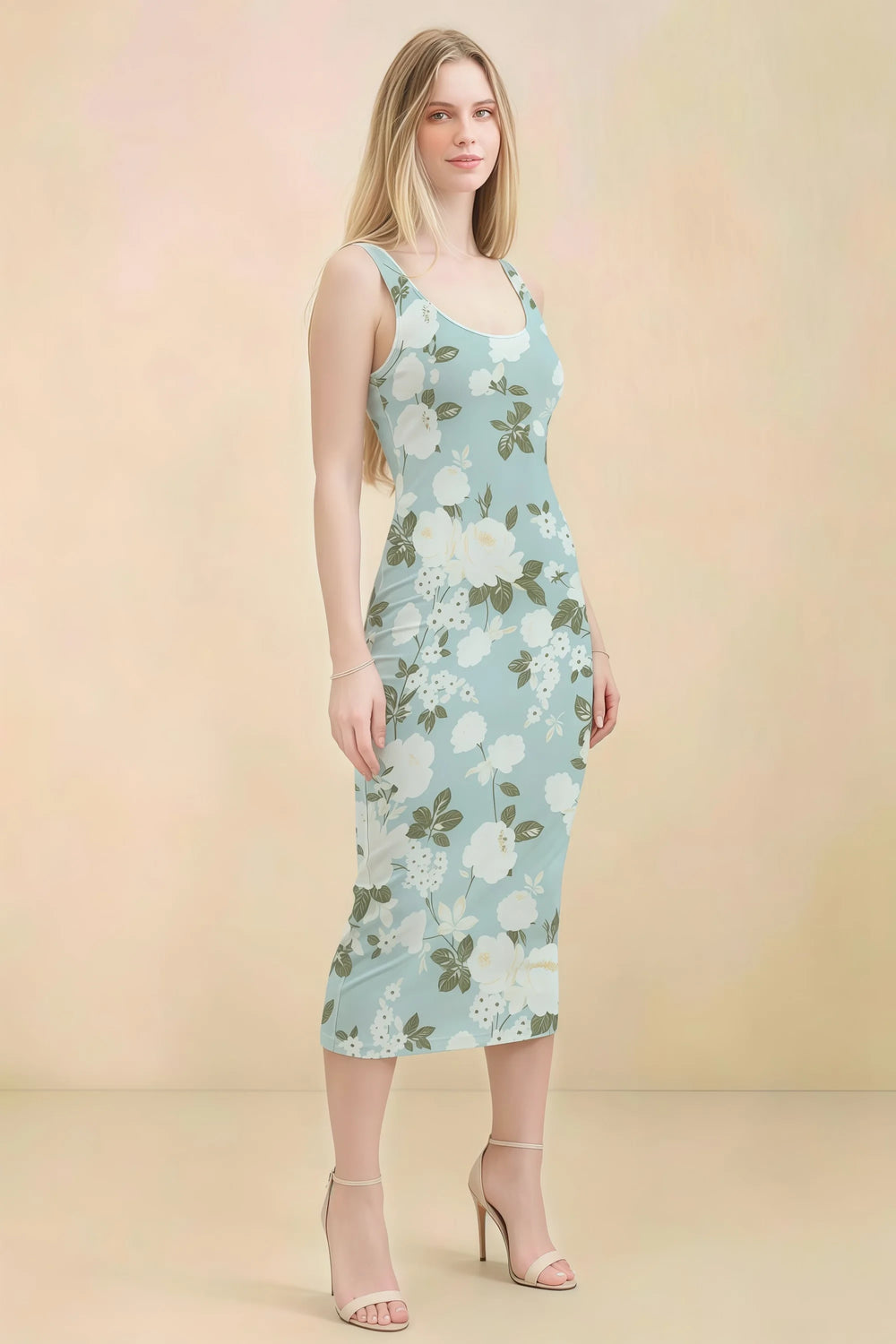 Translation missing: en.Front view of the LVLVS Alvina blue floral midi dress, showing the scoop neckline, wide straps and fitted bodycon silhouette. content.product_image_main