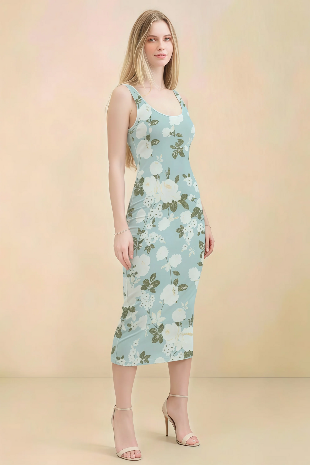 Alvina Blue Floral Scoop Neck Bodycon Midi Dress