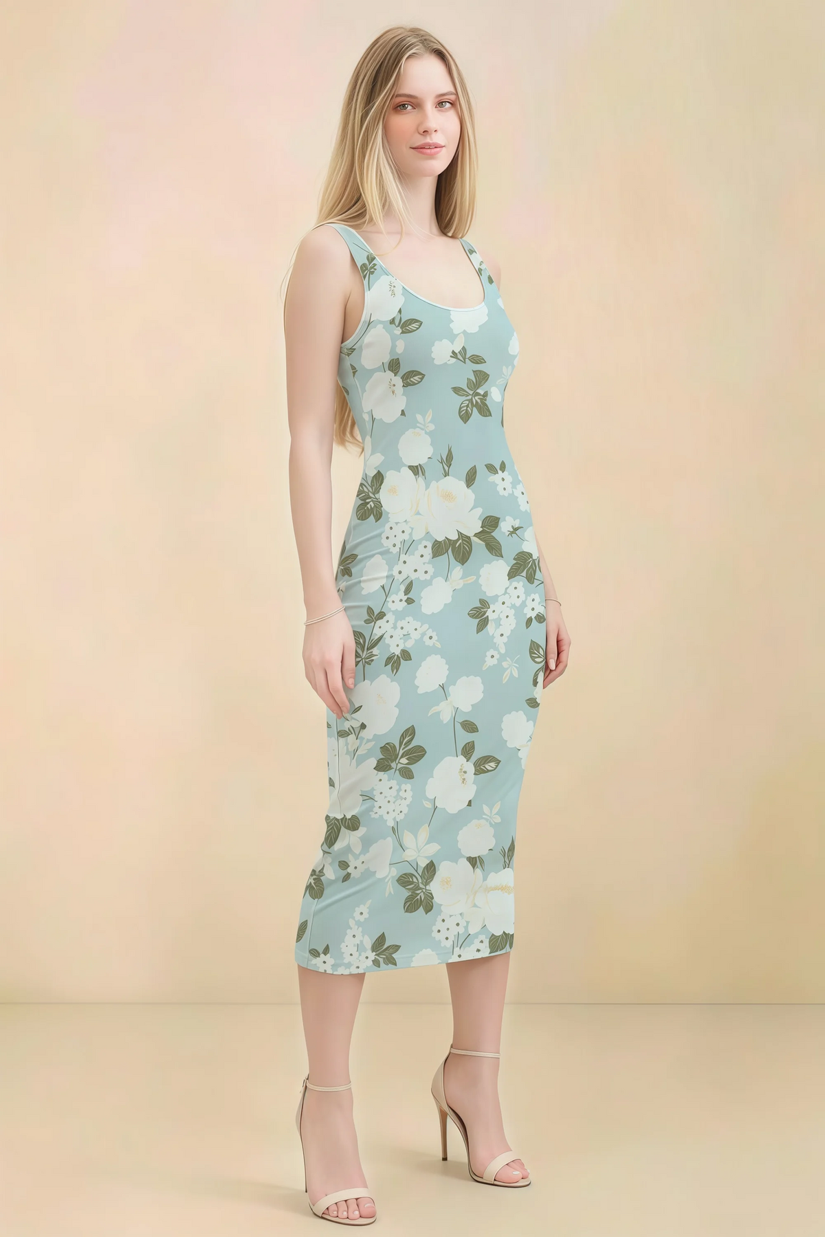Alvina Blue Floral Scoop Neck Bodycon Midi Dress
