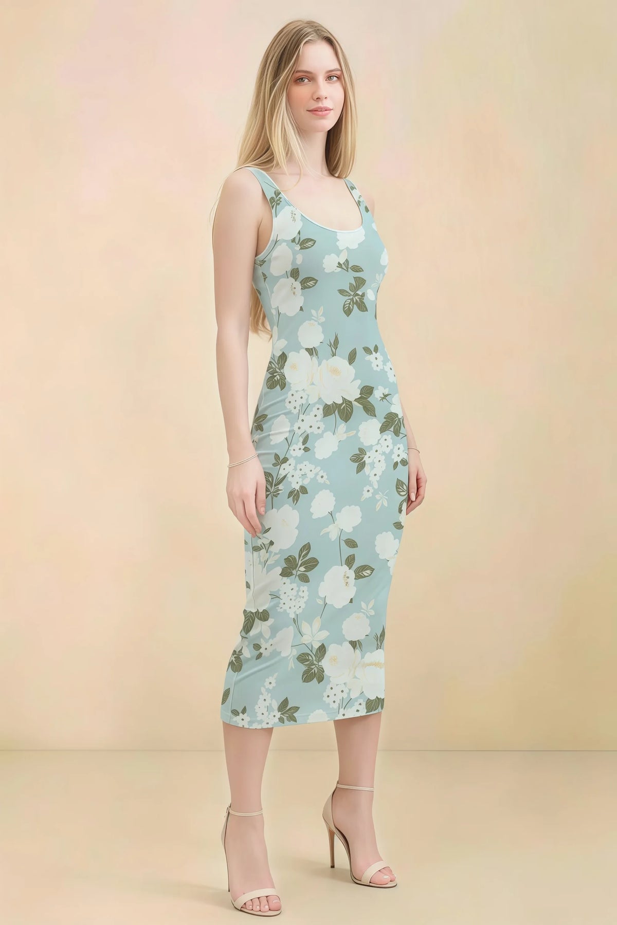 Alvina Blue Floral Scoop Neck Bodycon Midi Dress Main image