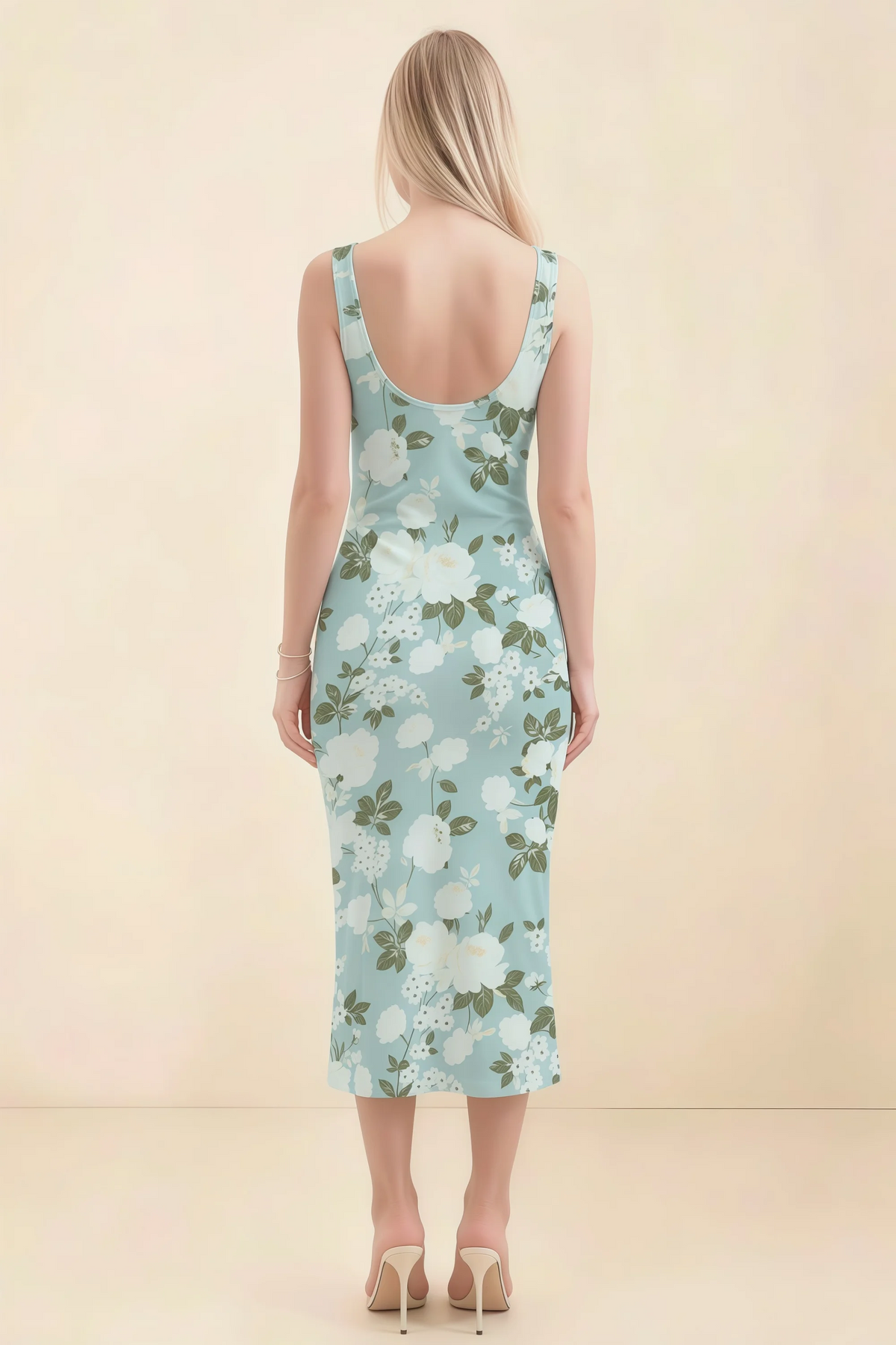 Alvina Blue Floral Scoop Neck Bodycon Midi Dress