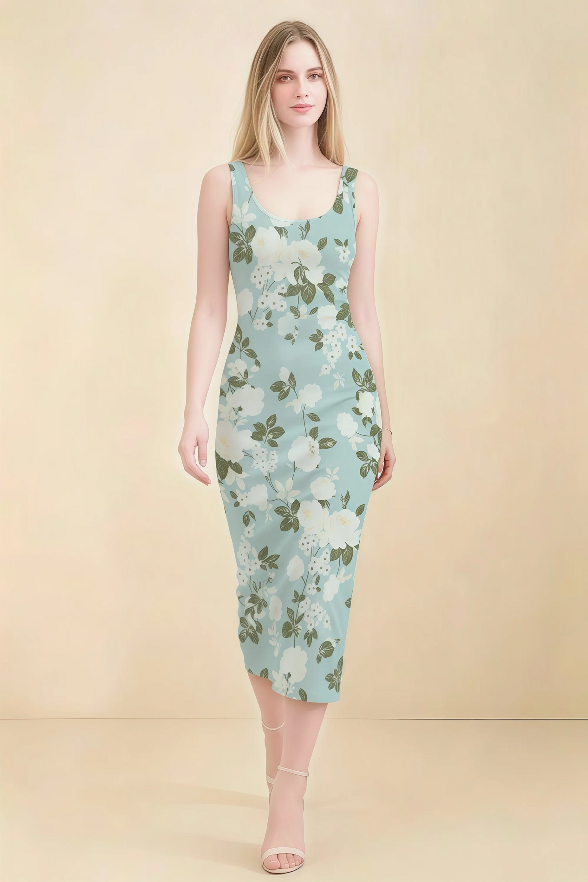 Alvina Blue Floral Scoop Neck Bodycon Midi Dress