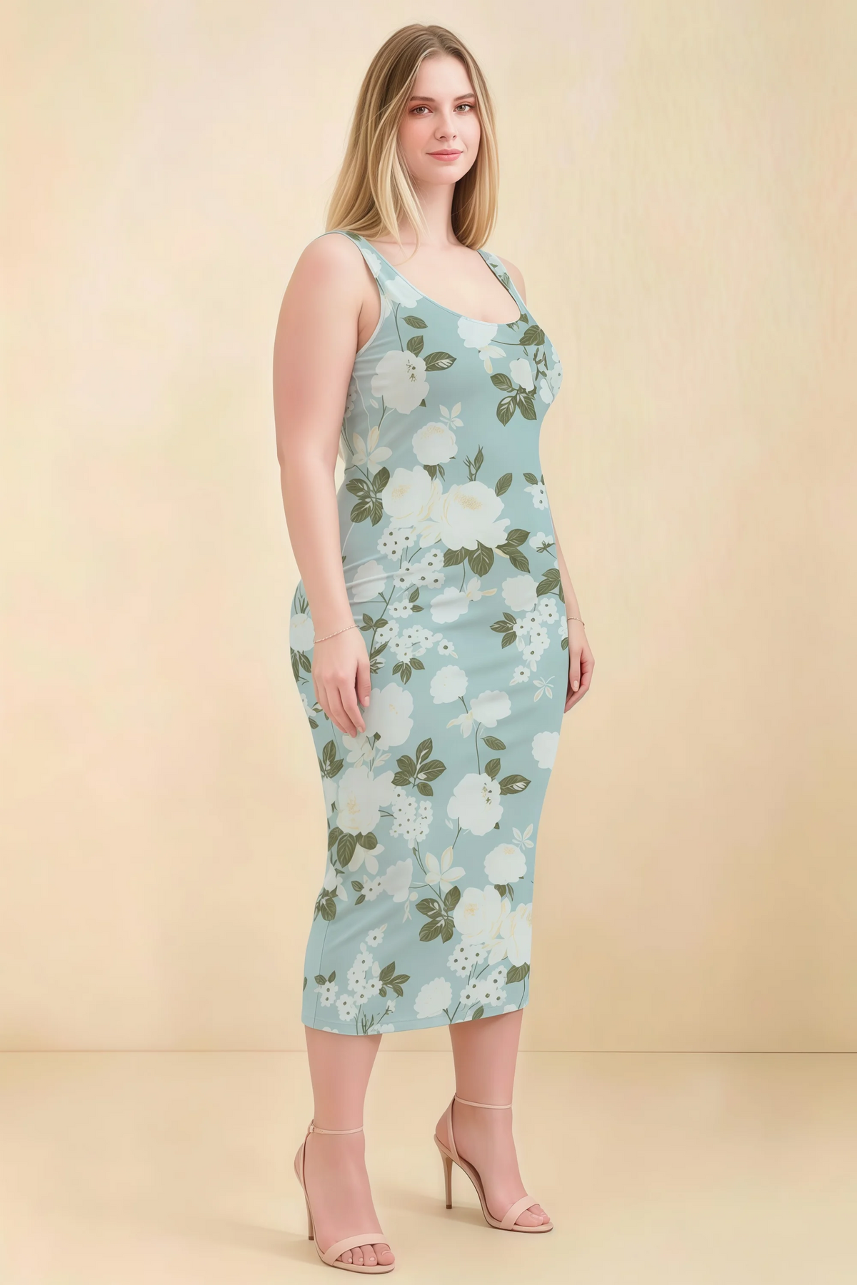 Alvina Blue Floral Scoop Neck Bodycon Midi Dress