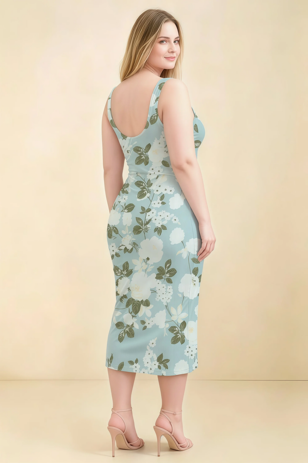 Alvina Blue Floral Scoop Neck Bodycon Midi Dress