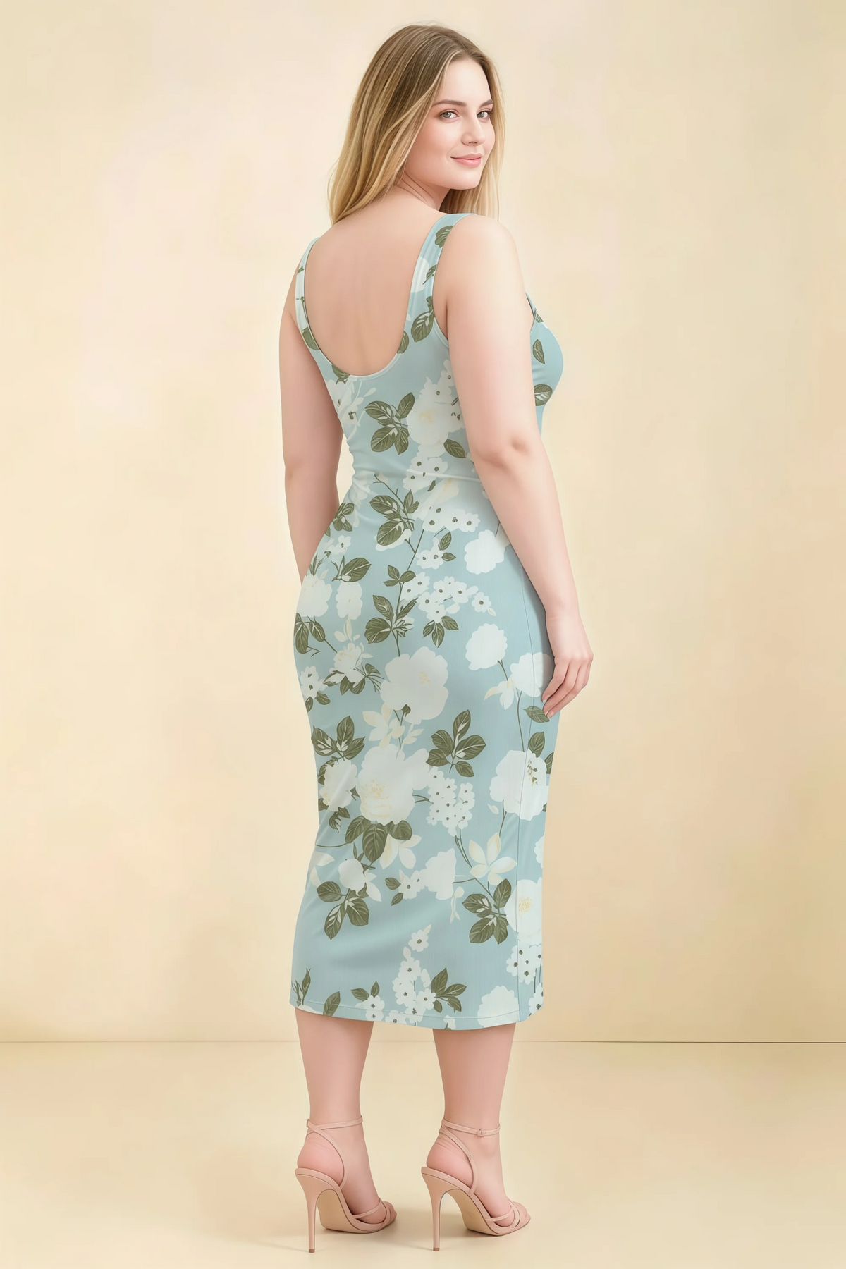 Alvina Blue Floral Scoop Neck Bodycon Midi Dress