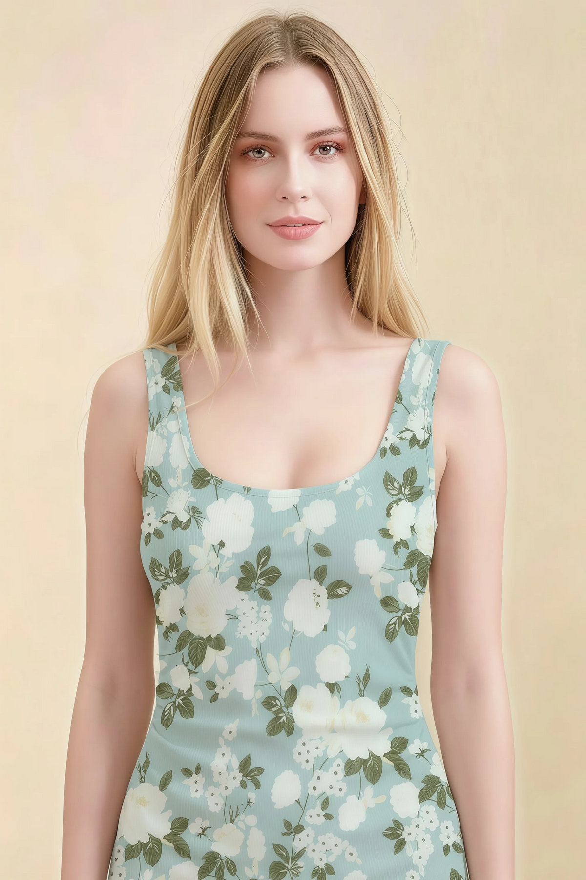 Alvina Blue Floral Scoop Neck Bodycon Midi Dress