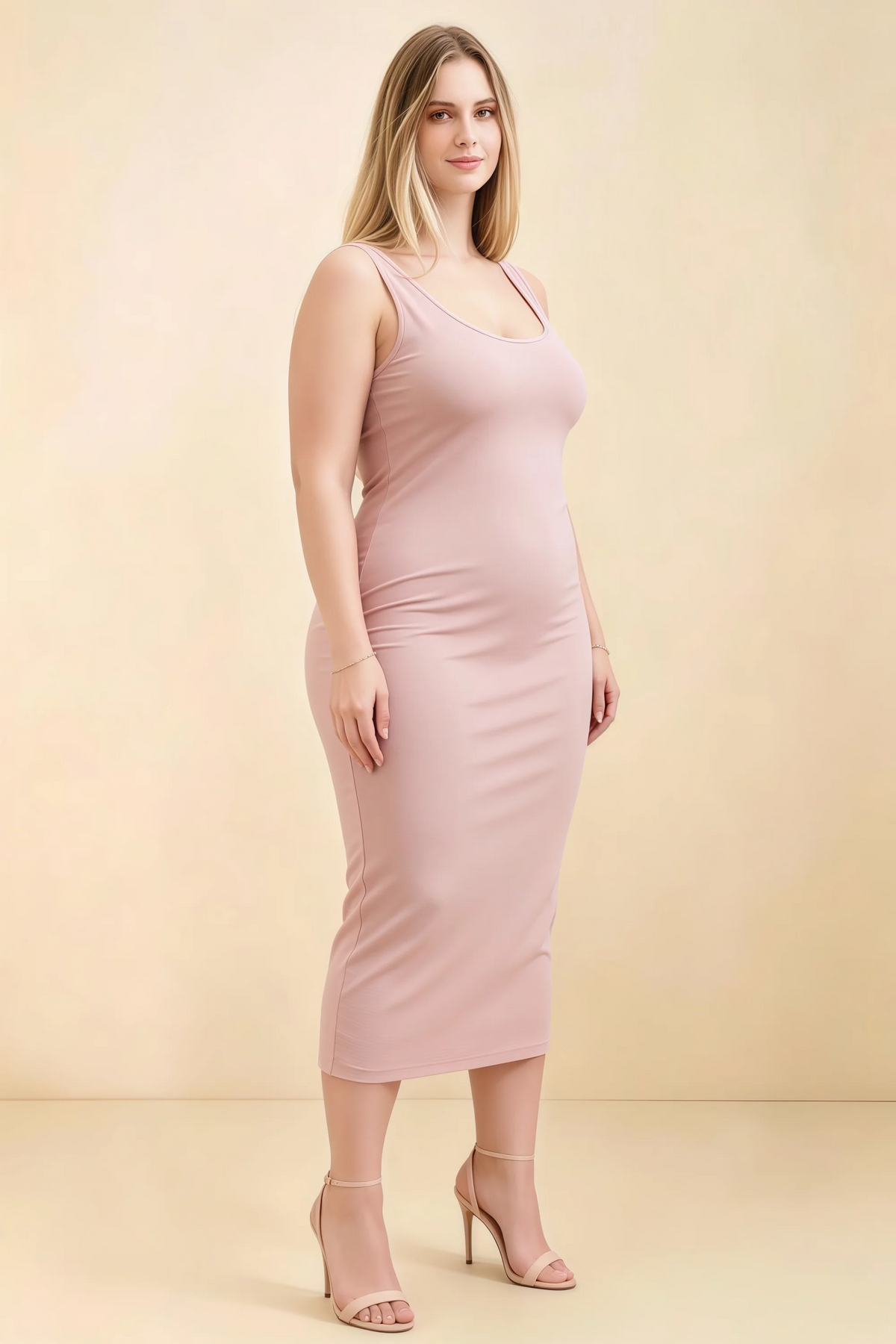 Alvina Blush Scoop Neck Bodycon Midi Dress