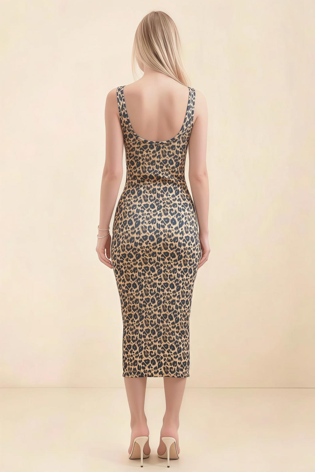 Alvina Brown Leopard Print Scoop Neck Bodycon Midi Dress
