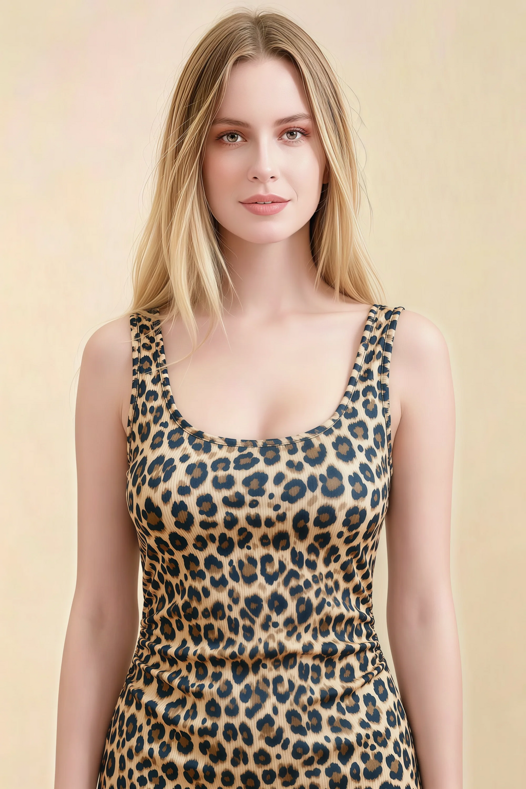 Alvina Brown Leopard Print Scoop Neck Bodycon Midi Dress