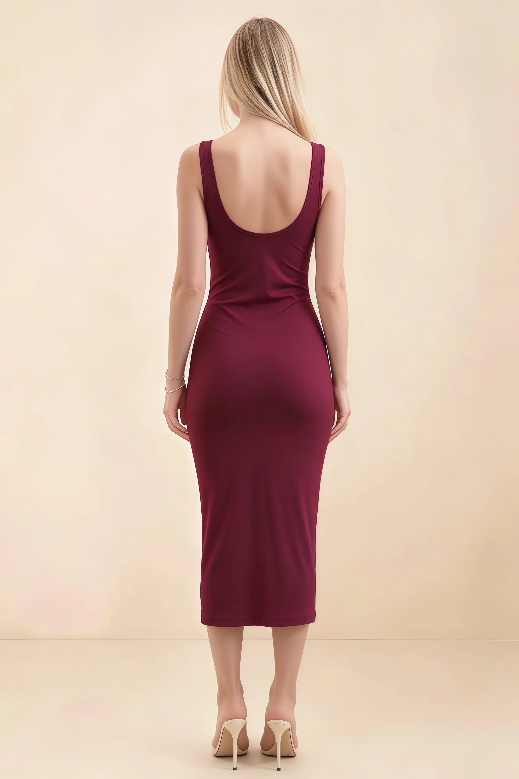 Alvina Burgundy Scoop Neck Bodycon Midi Dress Imagen secundaria del producto