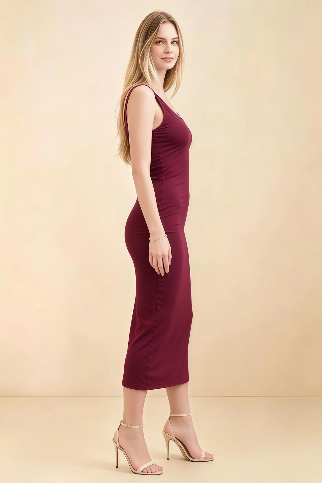 Alvina Burgundy Scoop Neck Bodycon Midi Dress