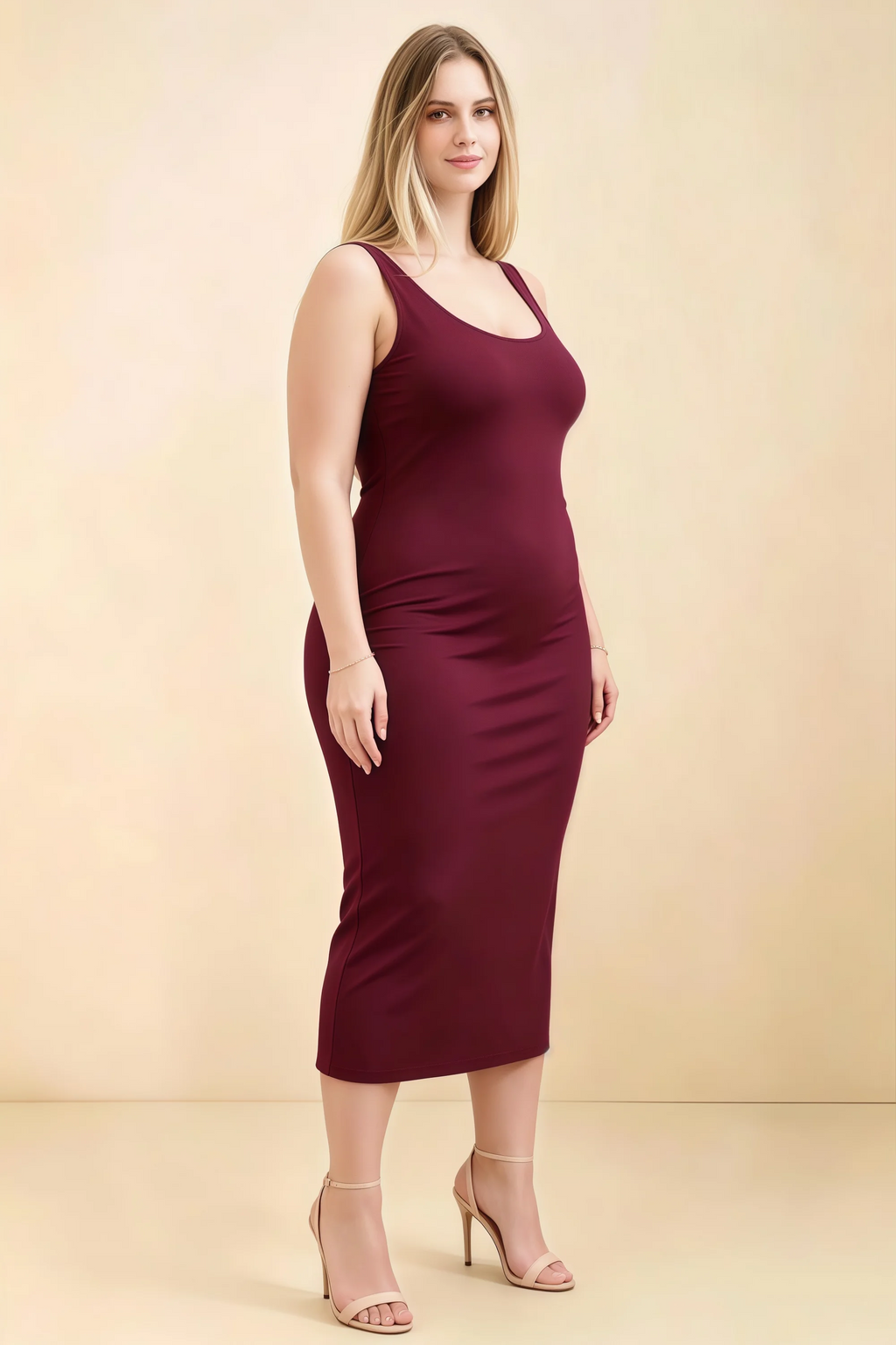 Alvina Burgundy Scoop Neck Bodycon Midi Dress