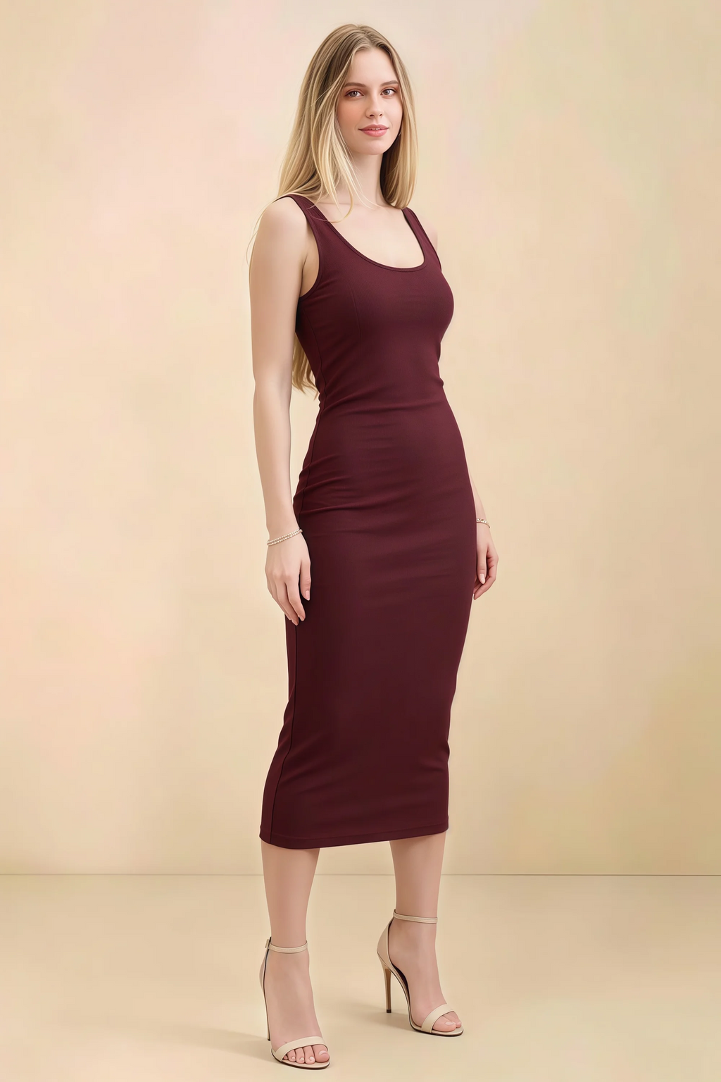 Alvina Cabernet Scoop Neck Bodycon Midi Dress