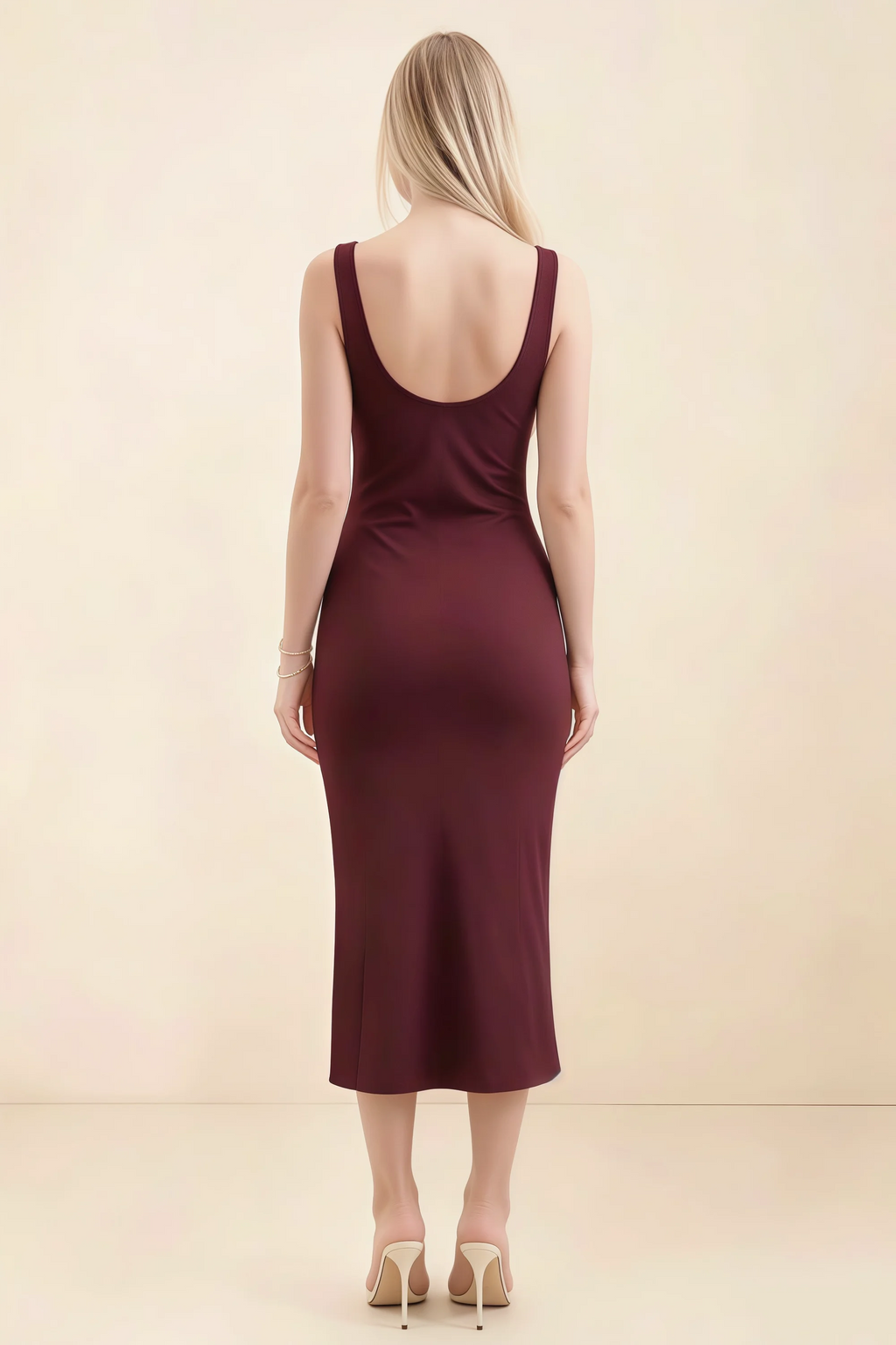 Alvina Cabernet Scoop Neck Bodycon Midi Dress