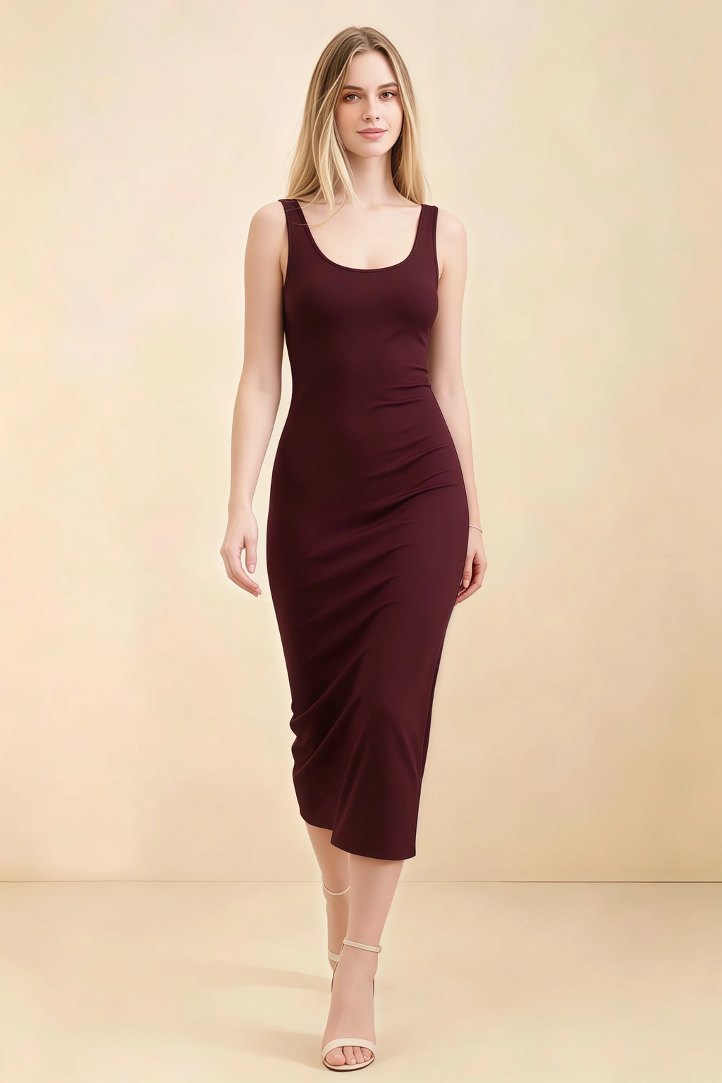 Alvina Cabernet Scoop Neck Bodycon Midi Dress