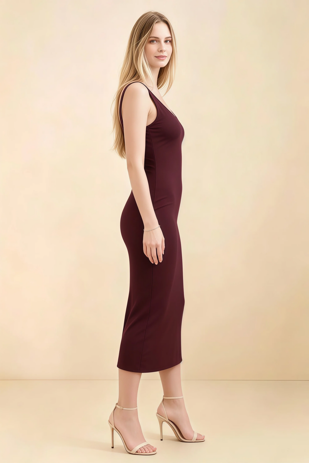 Alvina Cabernet Scoop Neck Bodycon Midi Dress