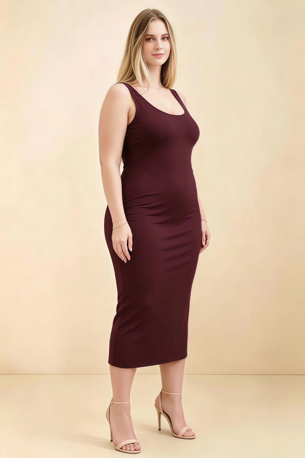 Alvina Cabernet Scoop Neck Bodycon Midi Dress