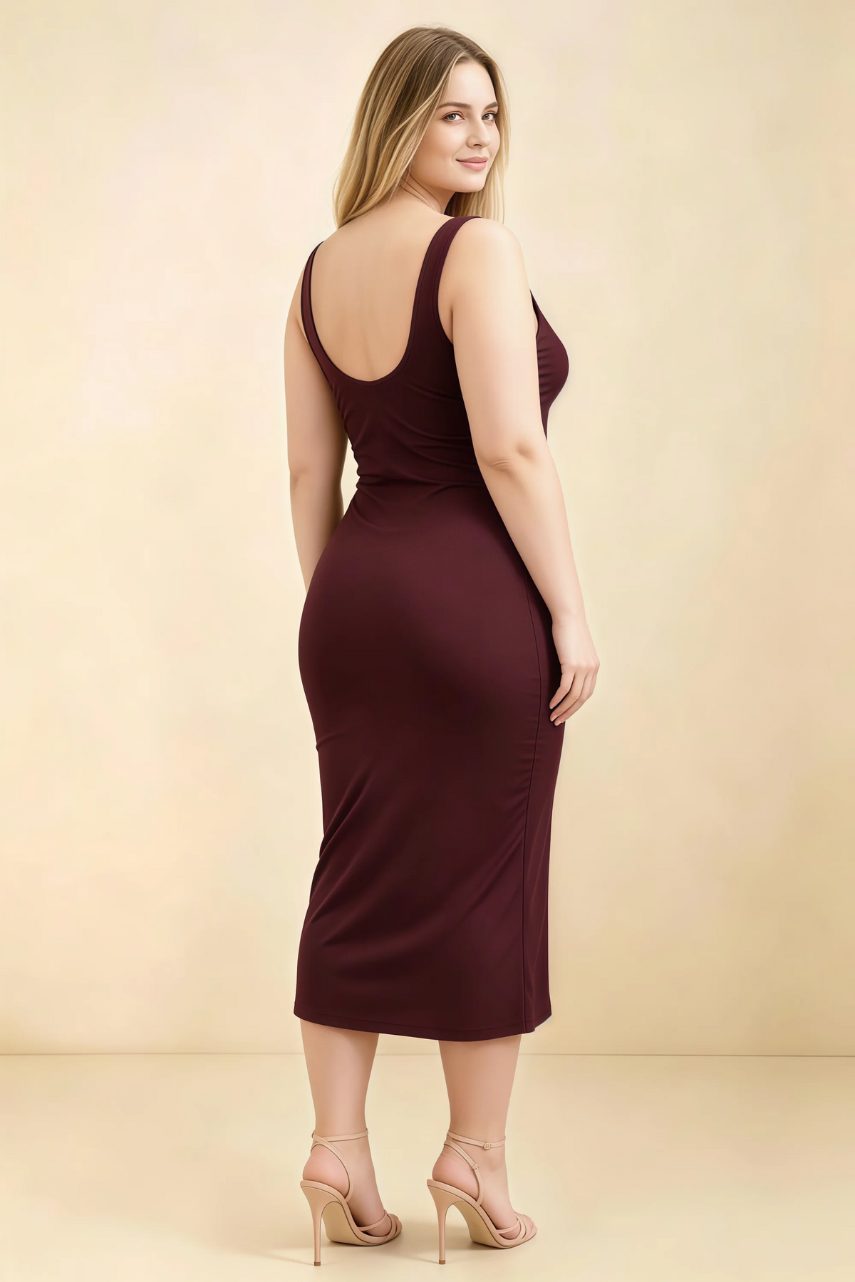 Alvina Cabernet Scoop Neck Bodycon Midi Dress