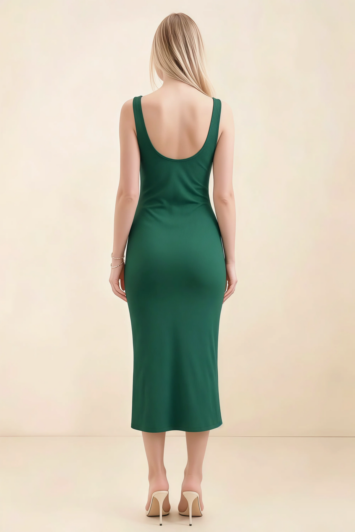 Alvina Dark Green Scoop Neck Bodycon Midi Dress