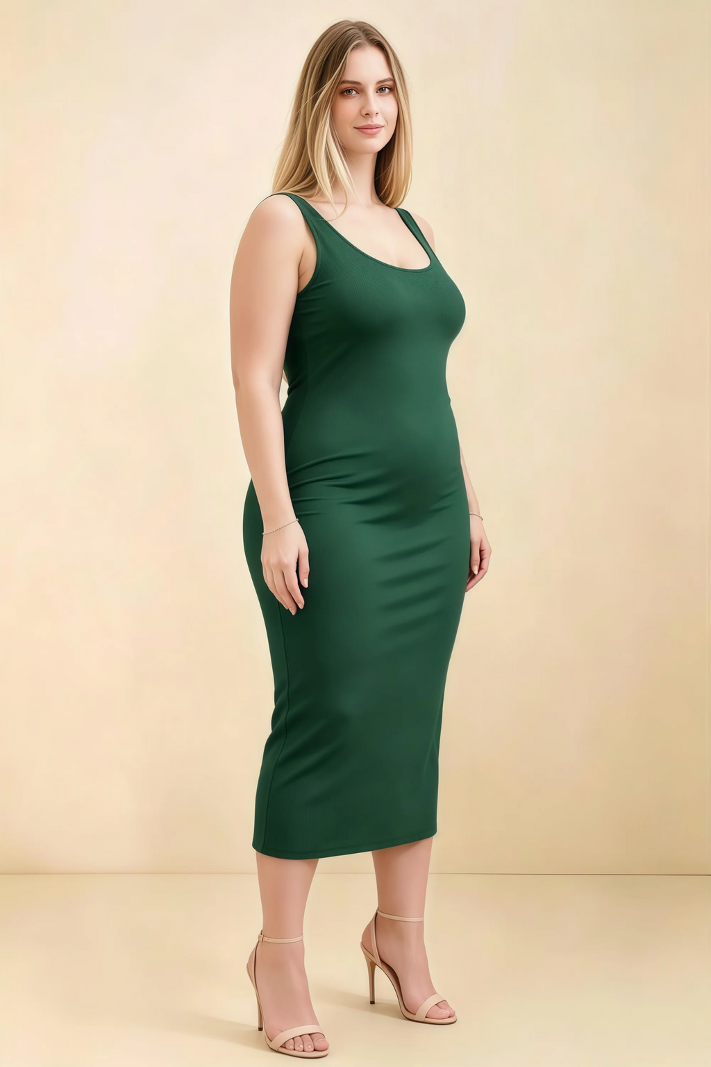 Alvina Dark Green Scoop Neck Bodycon Midi Dress