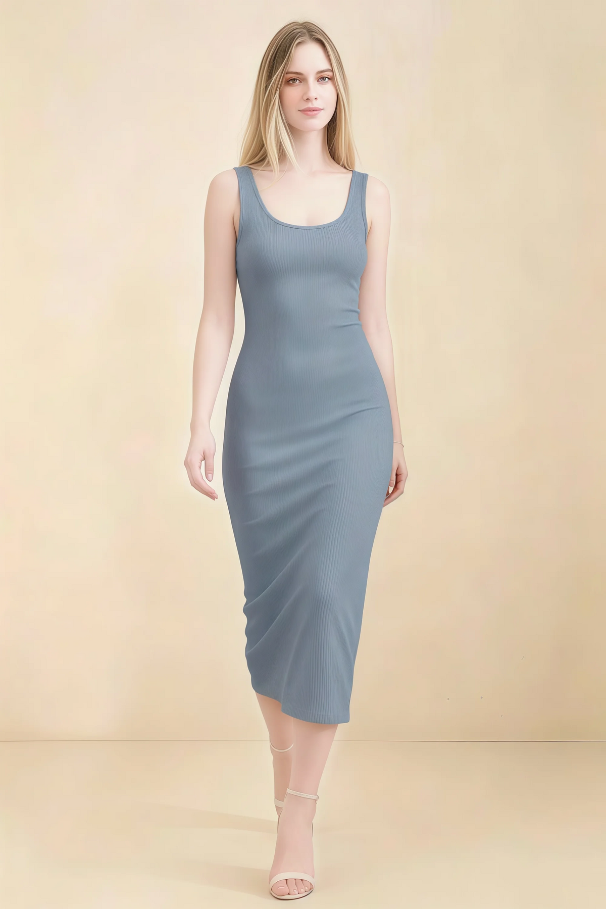Alvina Dusty Blue Scoop Neck Bodycon Midi Dress