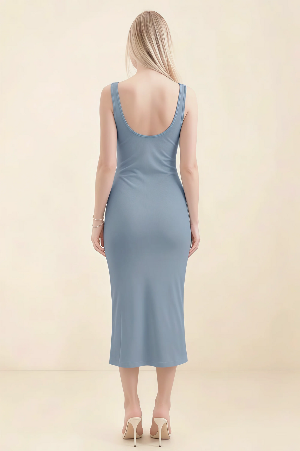 Alvina Dusty Blue Scoop Neck Bodycon Midi Dress